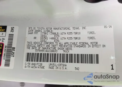 2016 Toyota Tundra Sr5 4.6L V8 from USA, damaged, VIN 5TFRM5F14GX100693